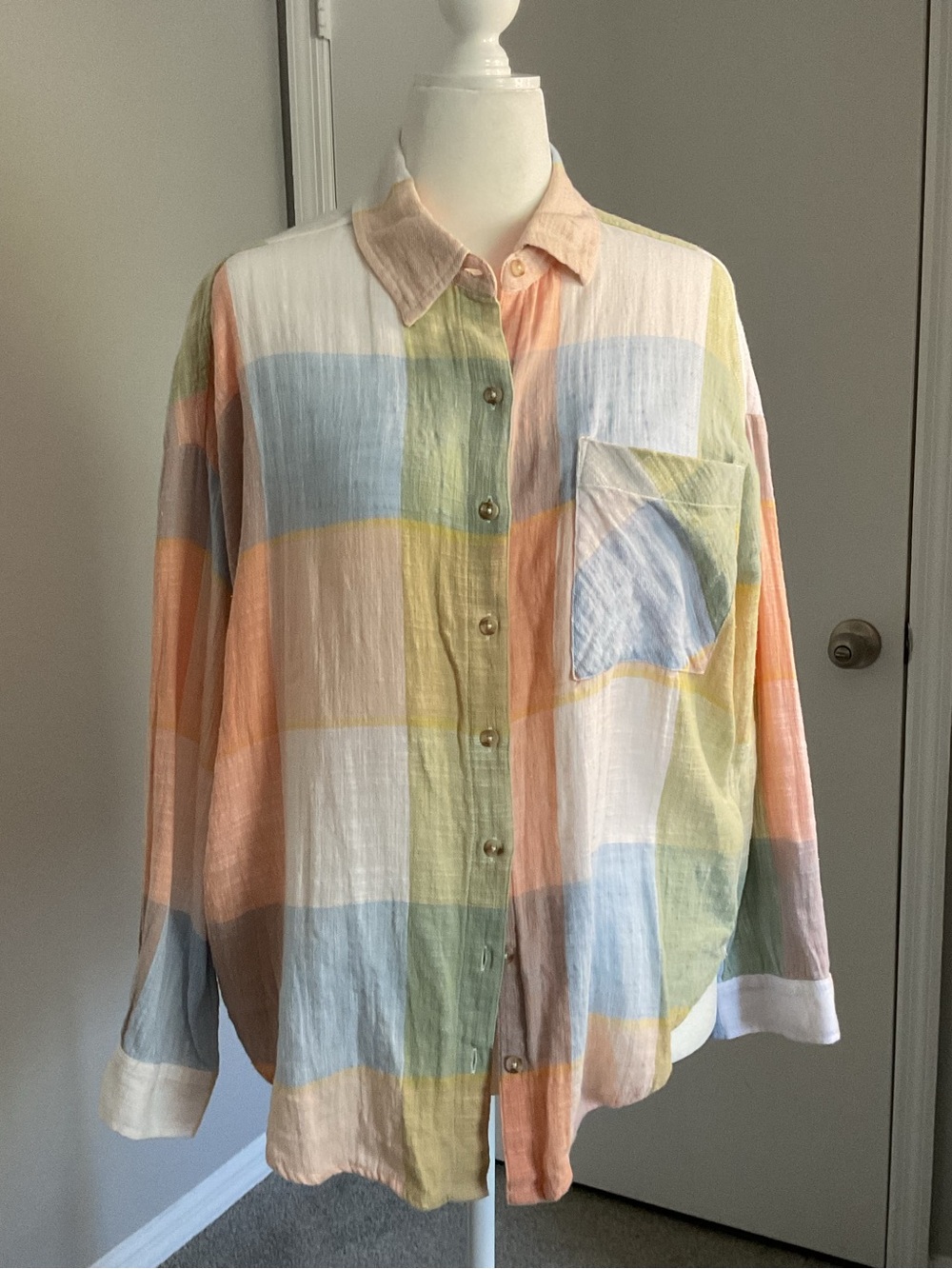Billabong Men's Pastel Plaid Button-Down Shirt - Peach, Blue, Green, Yellow